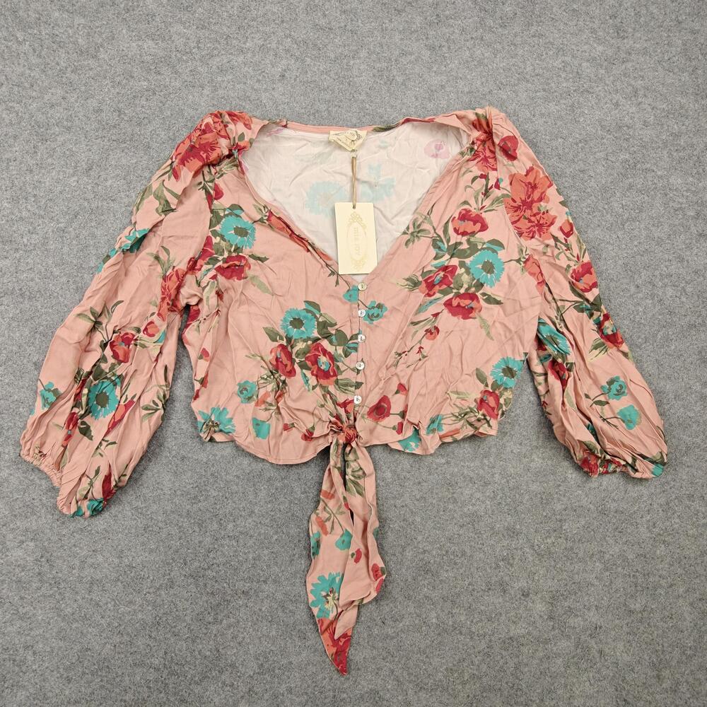 Mia Joy Blouse Womens Large Pink Cropped V-Neck Balloon Sleeve Floral Rayon
